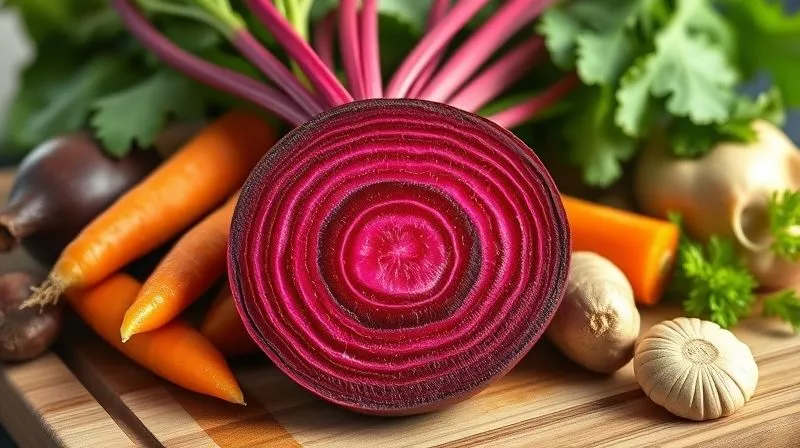 Photorealistic, professional photography of a cross-section of a fresh, vibrant beetroot showing its concentric rings, surrounded by other healthy vegetables like carrots, celery, and ginger on a wooden cutting board. Soft, natural light highlights the rich colors and textures, with a sharp focus on the beetroot. 8K, cinematic lighting, depth of field, shot on a high-end DSLR.