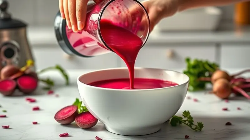 Photorealistic, professional photography of hands pouring vibrant red cream of beetroot soup from a stainless steel blender into an elegant white bowl. The kitchen counter is clean and bright, with scattered fresh beetroots and herbs in the background. The steam rises gently from the soup. 8K, cinematic lighting, sharp focus on the pouring action and the soup, depth of field, shot on a high-end DSLR.