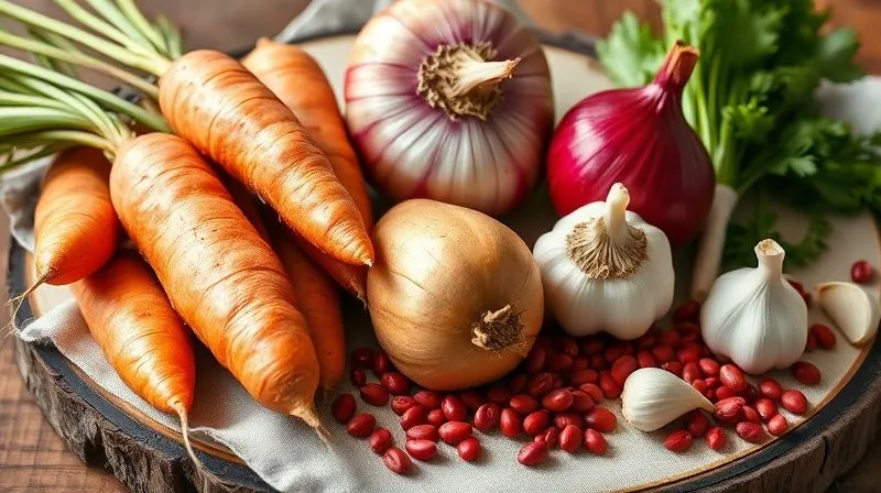 Photorealistic, professional photography, 8K, cinematic lighting, sharp focus, depth of field. A vibrant display of fresh, organic root vegetables: plump carrots, a golden sweet potato, a red onion, a head of garlic, and a handful of red lentils, artfully arranged on a rustic wooden board with a soft linen cloth, emphasizing natural goodness and healthy ingredients, bathed in natural light.