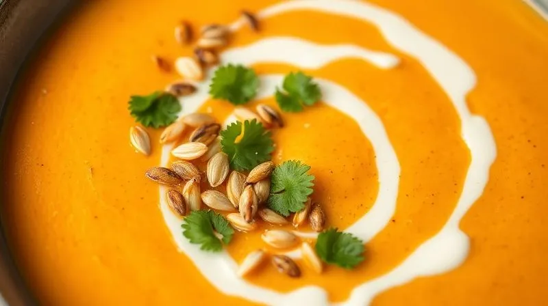 Photorealistic, professional photography, 8K, cinematic lighting, sharp focus, depth of field. A close-up of a vibrant carrot cream soup bowl, beautifully garnished with a generous sprinkle of toasted pumpkin seeds, fresh cilantro leaves, and a delicate swirl of light coconut cream. The focus is on the textural contrast and inviting presentation, highlighting healthy garnishes and emphasizing the deliciousness of a diet-friendly meal.