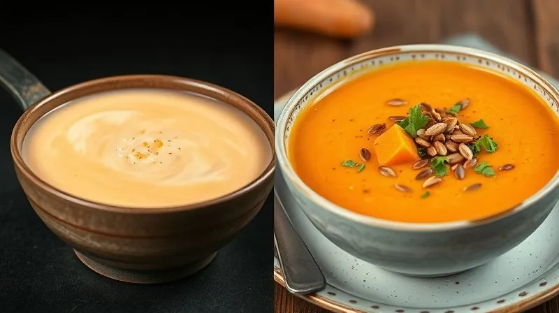 Photorealistic, professional photography, 8K, cinematic lighting, sharp focus, depth of field. A split image showing two distinct bowls of soup. On the left side, a pale, watery, unappetizing soup with sparse, unidentifiable ingredients, appearing bland and unfulfilling (representing "low value"). On the right side, a rich, vibrant, thick carrot cream soup, brimming with visible healthy ingredients and colorful garnishes like fresh herbs and toasted seeds, looking incredibly appetizing and substantial (representing "high value"). The contrast should be stark, illustrating the difference between a truly satisfying and an unfulfilling meal for weight loss, with excellent lighting highlighting the textures and colors.