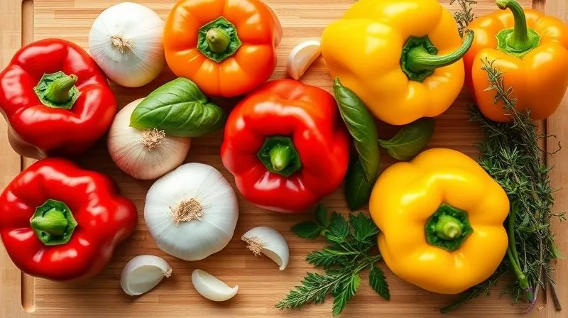A beautifully arranged flat lay of vibrant, fresh bell peppers in red, yellow, and orange, along with garlic, onion, and fresh herbs like basil and thyme, on a clean wooden cutting board. Photorealistic, professional photography, 8K, cinematic lighting, sharp focus, depth of field, shot on a high-end DSLR.
