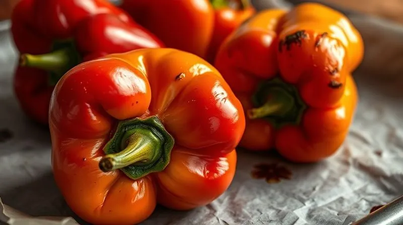 Close-up photorealistic image of vibrant red and yellow bell peppers, freshly roasted and slightly charred, resting on a baking sheet with parchment paper. Steam is gently rising, indicating warmth. Professional photography, 8K, cinematic lighting, sharp focus on the peppers, depth of field, shot on a high-end DSLR.
