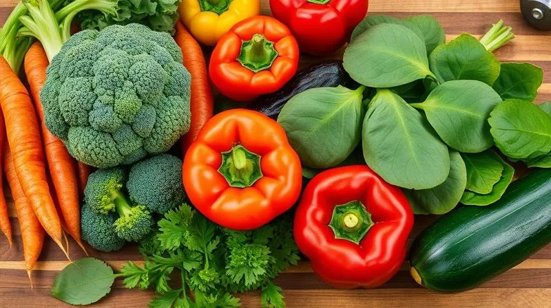 A vibrant, professional close-up shot of an assortment of fresh, colorful vegetables like broccoli, carrots, bell peppers, spinach, and zucchini, perfectly arranged on a rustic wooden cutting board. Photorealistic, 8K, cinematic lighting, sharp focus, depth of field, shot on a high-end DSLR, emphasizing freshness and quality.