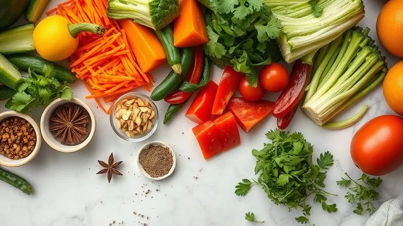 A professional, photorealistic overhead shot of a clean, modern kitchen counter with various fresh, chopped vegetables ready for soup preparation, alongside a selection of exotic spices in small bowls and fresh herbs. The scene is well-organized, with soft natural light, sharp focus on the ingredients, and a blurred background. 8K, cinematic lighting, depth of field, shot on a high-end DSLR.