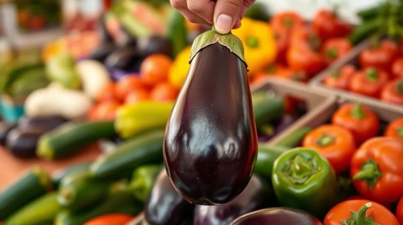 A photorealistic image of a hand selecting a perfectly ripe, dark purple eggplant from a vibrant farmer's market stall, with other fresh vegetables like bell peppers, zucchini, and tomatoes in the background, all vibrant and fresh. The scene is bathed in natural, soft daylight. 8K, cinematic lighting, sharp focus, depth of field, shot on a high-end DSLR.