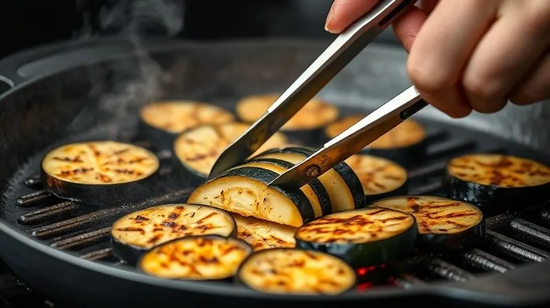 A photorealistic image of perfectly sliced eggplant being grilled on a hot, cast-iron grill pan, showing clear, dark brown grill marks and a subtle char. A chef's hand, holding metal tongs, carefully turns a slice. Steam gently rises from the hot surface. The background is softly blurred, focusing on the cooking process. 8K, cinematic lighting, sharp focus on the eggplant, depth of field, shot on a high-end DSLR.