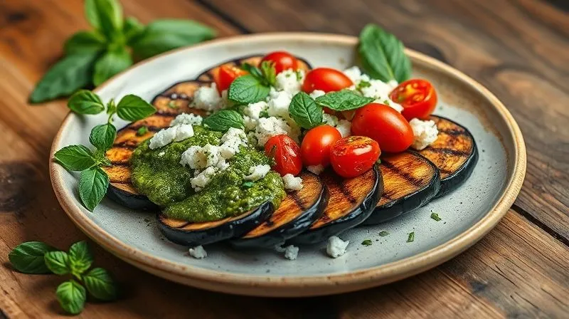 A photorealistic image of a beautifully plated vegetarian dish. The main focus is on perfectly grilled eggplant slices, topped with a vibrant green pesto made from fresh basil, crumbled vegan feta, juicy cherry tomatoes, and fresh mint leaves. The dish is served on a rustic light ceramic plate, placed on a wooden table. The lighting is soft and natural, emphasizing the freshness and deliciousness of the meal. 8K, cinematic lighting, sharp focus, depth of field, shot on a high-end DSLR, conveying a sense of healthy indulgence.