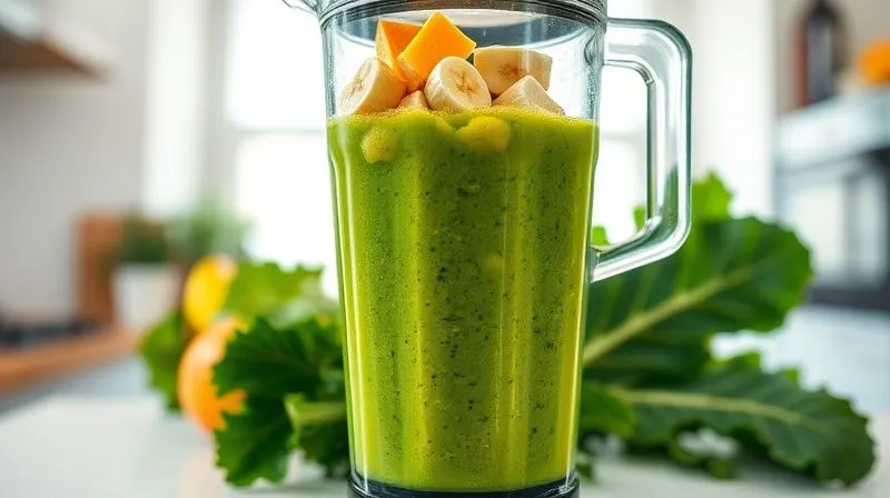 Photorealistic image of a vibrant green smoothie being blended in a high-speed blender, with chunks of fresh mango, ripe banana, and kale leaves swirling around. The kitchen is bright and modern, with natural light, sharp focus on the blending process, depth of field blurring the background, 8K hyper-detailed, professional photography, cinematic lighting, shot on a high-end DSLR.