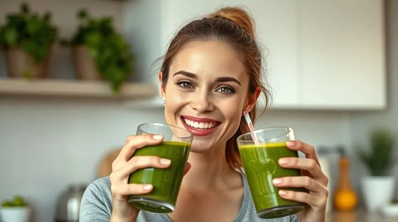 Photorealistic image of a woman joyfully drinking a green smoothie, looking refreshed and healthy. The background is a bright, modern kitchen. Focus on the woman's satisfied expression and the vibrant smoothie. 8K hyper-detailed, professional photography, cinematic lighting, sharp focus, depth of field, shot on a high-end DSLR.