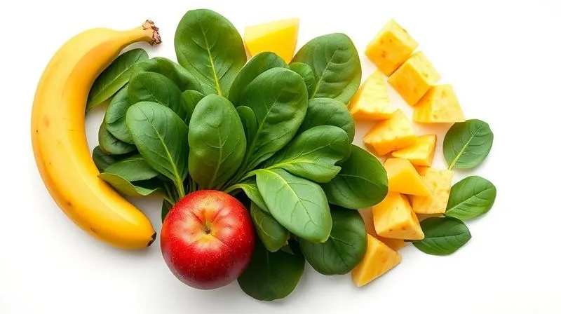 A vibrant, photorealistic flat lay of perfectly ripe fruits known for sweetness (like a golden banana, juicy mango slices, and pineapple chunks) alongside fresh, crisp spinach leaves, all arranged on a clean, minimalist white background. Soft, natural light highlights the textures and colors, creating a sense of fresh ingredients ready for blending. 8K, cinematic lighting, sharp focus, depth of field, professional photography, shot on a high-end DSLR.