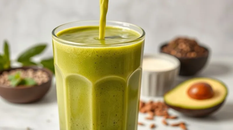 A photorealistic close-up of a perfectly blended, creamy green smoothie being poured into a tall glass. The texture is smooth and inviting. In the background, subtly blurred, are small bowls of chia seeds, almond milk, and half an avocado, emphasizing healthy, flavor-enhancing additions. The scene is lit with soft, professional studio lighting, highlighting the rich green color and smooth consistency. 8K, cinematic lighting, sharp focus on the pouring action, depth of field, professional photography, shot on a high-end DSLR.