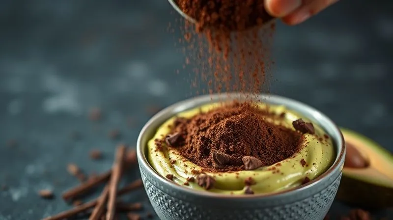 A photorealistic shot of high-quality dark cocoa powder being sifted over a bowl of creamy avocado mousse, with elegant chocolate shavings nearby. Cinematic lighting, sharp focus on the cocoa, depth of field. 8K, professional photography, shot on a high-end DSLR.