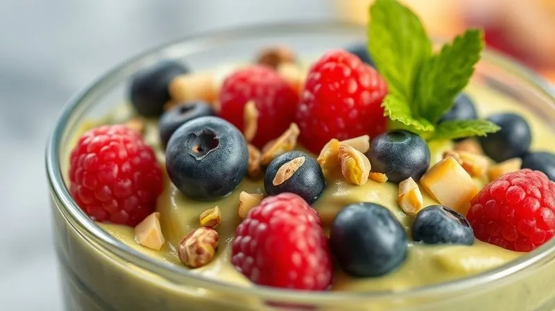 A close-up, photorealistic shot of a perfectly chilled, smooth avocado dessert in a glass, topped with a vibrant mix of fresh raspberries, blueberries, and chopped pistachios. The focus is on the colorful toppings and the creamy texture beneath. Cinematic light, 8K, professional photography, sharp focus, depth of field, shot on a high-end DSLR.