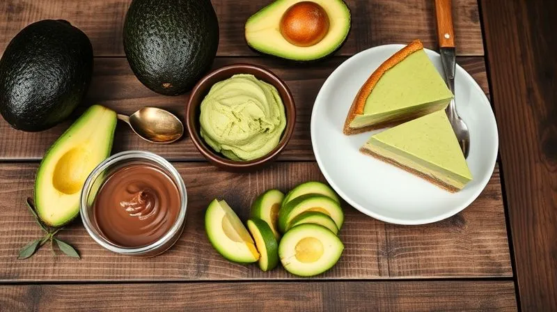 A professional, photorealistic flat lay of various healthy avocado-based desserts: a small cup of chocolate mousse, a scoop of green avocado ice cream, and a slice of no-bake avocado cheesecake, all artfully arranged on a rustic wooden table. Natural, soft lighting, 8K, sharp focus, depth of field, shot on a high-end DSLR.