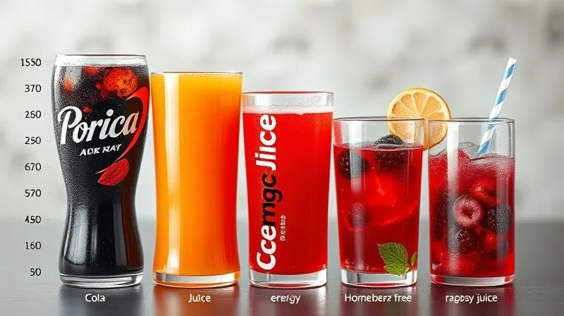 A professional, photorealistic chart showing the sugar content in various popular beverages (cola, orange juice, energy drink, and homemade sugar-free raspberry juice), with bars clearly illustrating the difference, 8K, cinematic lighting, sharp focus, depth of field.