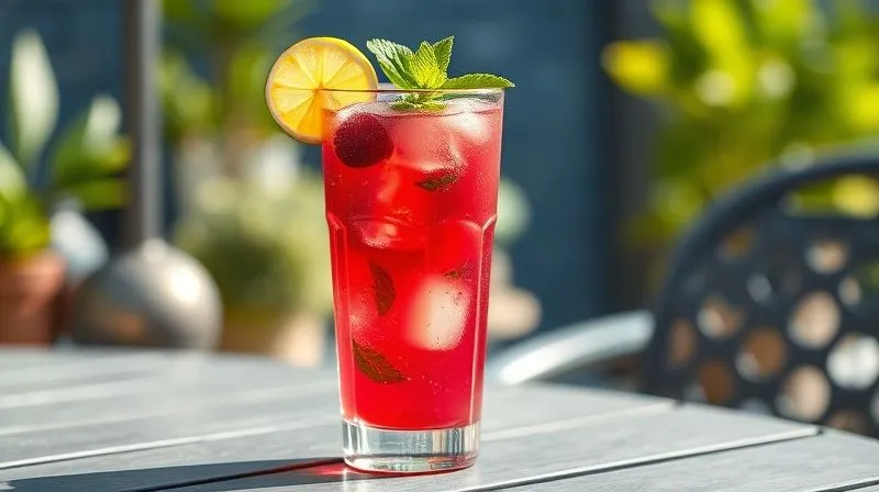 A photorealistic, professional photography image of a tall glass of diluted, sugar-free raspberry juice with ice, garnished with fresh mint leaves and a slice of lime, sitting on a sunlit patio table, 8K, cinematic lighting, sharp focus, depth of field.