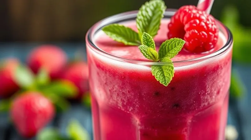 A professional, photorealistic image of a vibrant, refreshing raspberry and mint smoothie in a clear glass, with condensation, garnished with fresh raspberries and a sprig of mint, shot on a high-end DSLR, 8K, cinematic lighting, sharp focus, depth of field.