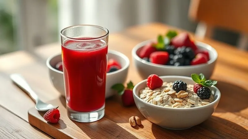 A photorealistic, professional photography image of a healthy breakfast spread including a small glass of sugar-free raspberry juice, a bowl of oatmeal with berries, and a few nuts, all beautifully arranged on a wooden table with natural morning light, 8K, cinematic lighting, sharp focus, depth of field.