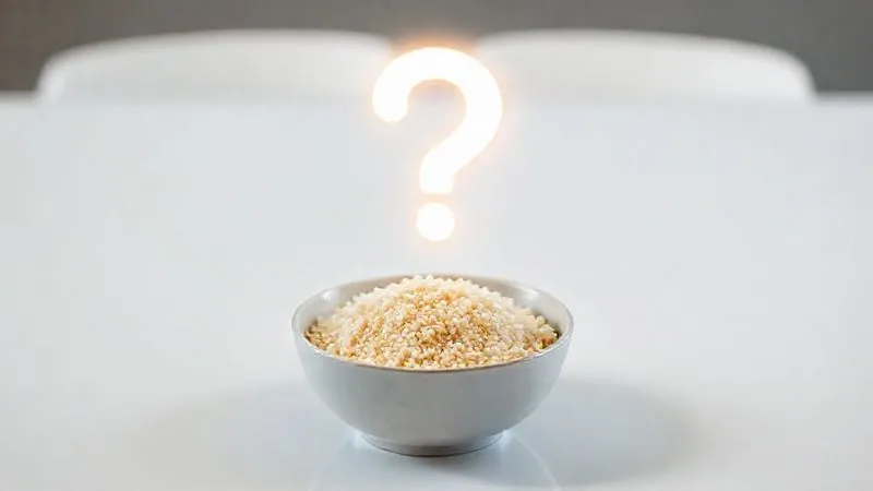 A single, plain bowl of cooked bulgur on a minimalist white table, with a large, glowing question mark hovering above it, symbolizing boredom and lack of inspiration. Photorealistic, professional photography, 8K, cinematic lighting, sharp focus on the bowl and question mark, depth of field blurring the background, shot on a high-end DSLR.