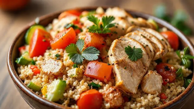 A vibrant, professional close-up shot of a diverse bulgur salad, rich in colorful vegetables (cherry tomatoes, cucumber, bell peppers), fresh herbs (mint, parsley), and grilled chicken pieces, all beautifully arranged in a modern ceramic bowl. The lighting is cinematic, highlighting the textures and freshness. Photorealistic, professional photography, 8K, sharp focus on the salad, depth of field blurring a subtle background, shot on a high-end DSLR.