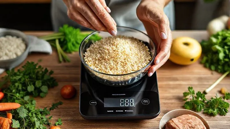 A person's hands meticulously weighing cooked bulgur on a modern digital kitchen scale. Various fresh ingredients like herbs, vegetables, and lean protein are neatly arranged around the scale, suggesting meal preparation. Photorealistic, professional photography, 8K, cinematic lighting, sharp focus on the scale and hands, depth of field blurring the background, shot on a high-end DSLR.
