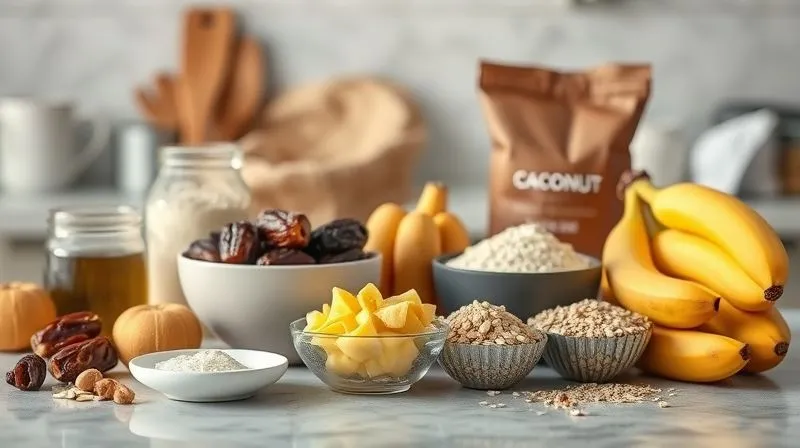 A photorealistic, professional photography, 8K, cinematic lighting image of a kitchen counter with various vegan baking ingredients. On one side, high-calorie items like a jar of coconut oil, a bag of dates, and a bowl of cashew butter are prominently displayed. On the other side, healthier alternatives like applesauce, ripe bananas, and a bag of oat flour are shown. The scene is well-lit, sharp focus on the ingredients, depth of field blurring the background, emphasizing the contrast between calorie-dense and lighter options.