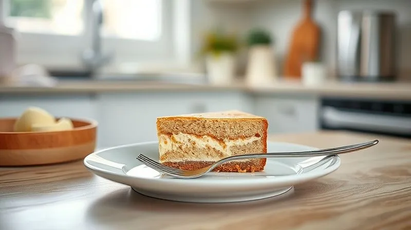A photorealistic, professional photography, 8K, cinematic lighting image of a small, elegant slice of vegan cake on a delicate plate, accompanied by a small fork. The background shows a soft, blurred scene of a cozy kitchen, suggesting mindful enjoyment. The focus is sharp on the perfectly portioned cake, emphasizing moderation and conscious indulgence. Depth of field creates a sense of intimacy and appreciation for the single serving.