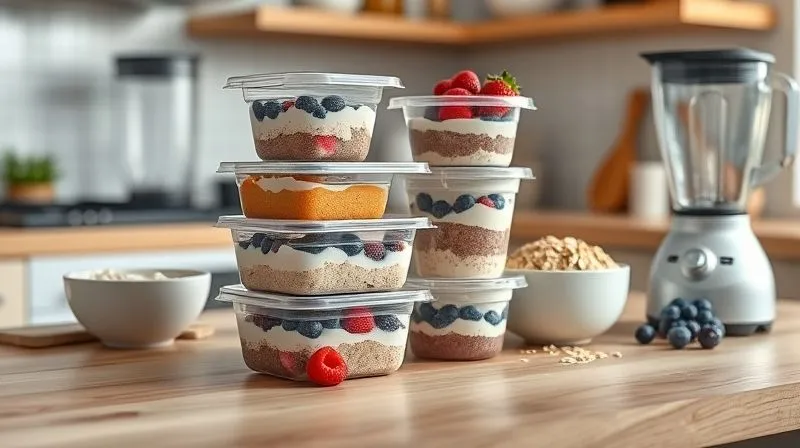 A photorealistic, professional photography, 8K, cinematic lighting image of a neatly organized vegan kitchen. On a clean wooden counter, pre-portioned containers of healthy vegan desserts are stacked, alongside fresh ingredients like berries, a bowl of oats, and a blender. The scene emphasizes preparedness and mindfulness in food choices, with a soft, inviting atmosphere. Sharp focus on the organized elements, depth of field blurring the background.