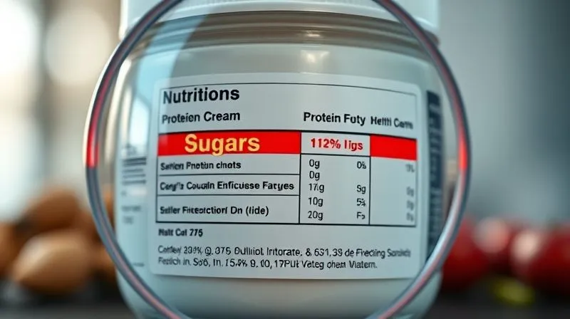 Photorealistic close-up of a nutrition label on a protein cream jar, with the "Sugars" line highlighted in red, surrounded by magnifying glass effect, 8K, cinematic lighting, sharp focus on the label, depth of field blurring the background.