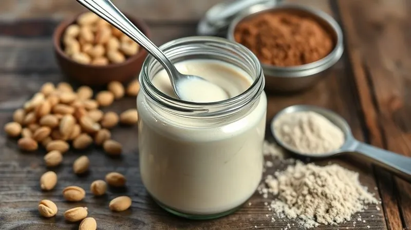 Photorealistic image of a freshly made homemade protein cream in a glass jar, with a spoon dipping into it, surrounded by raw ingredients like peanuts, cocoa powder, and a scoop of protein powder, on a rustic wooden table, natural light, 8K, sharp focus, depth of field.