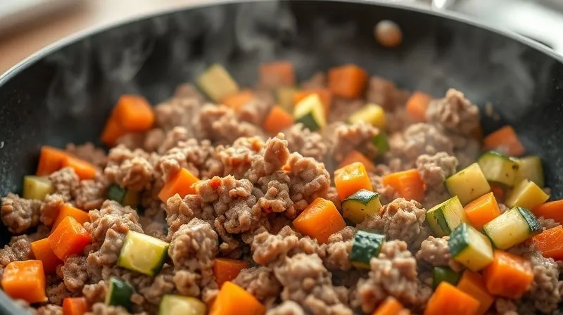 A close-up, photorealistic, professional photography shot of lean ground meat being gently sautéed in a large, non-stick pan with finely diced colorful vegetables (carrots, bell peppers, zucchini). Steam is visibly rising, creating a soft, warm glow. Cinematic lighting, sharp focus on the cooking process, depth of field blurring the background, 8K hyper-detailed, shot on a high-end DSLR, conveying a sense of healthy and mindful cooking.