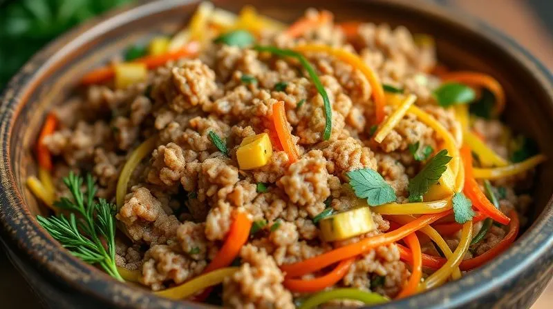 A close-up, photorealistic, professional photography shot of a vibrant, healthy dish featuring lean ground meat mixed with finely grated or diced colorful vegetables (like zucchini, carrots, bell peppers) forming a delicious, visually appealing texture. The dish is presented in a rustic bowl, with fresh herbs as garnish. Cinematic lighting, sharp focus on the food, depth of field blurring the background, 8K hyper-detailed, shot on a high-end DSLR, conveying freshness and hidden goodness.