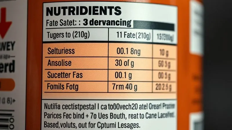 Photorealistic close-up of a food label with nutritional information and ingredients list, highlighted sections showing sugar and fat content. Sharp focus, professional photography, 8K, cinematic lighting, depth of field.