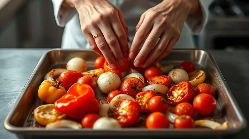 Photorealistic image of a chef's hands preparing roasted vegetables (bell peppers, onions, tomatoes) on a baking sheet, ready to be blended into a sauce. Cinematic lighting, professional photography, 8K, sharp focus, depth of field.