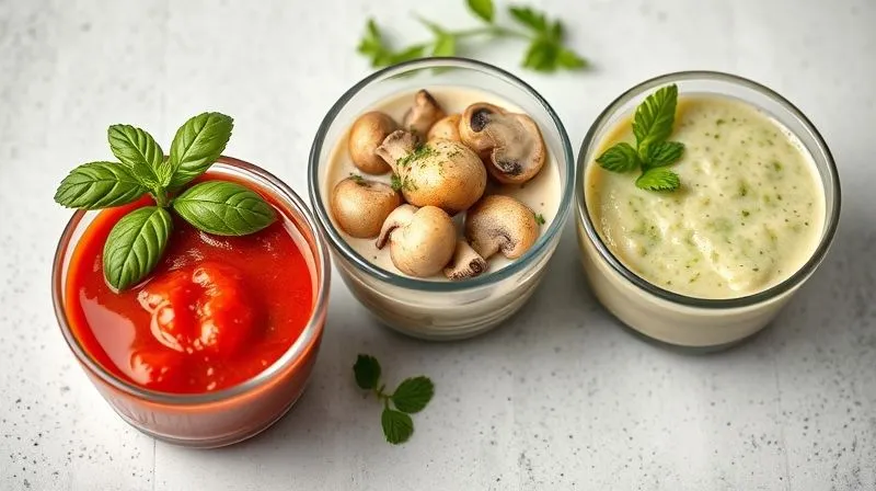 Photorealistic arrangement of three distinct, healthy, low-calorie sauces in small, elegant bowls, each with fresh ingredients visible (e.g., vibrant red tomato sauce with basil, creamy mushroom sauce with herbs, and a fresh green yogurt-dill sauce). Cinematic lighting, professional photography, 8K, sharp focus, depth of field.