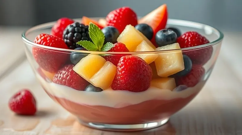 Photorealistic image of a vibrant fruit salad in a clear glass bowl, artfully arranged, but with a subtle, almost hidden, layer of very sweet, creamy syrup at the bottom, creating a deceptive appearance of pure health. Cinematic lighting, sharp focus on the fruit, depth of field. 8K, shot on a high-end DSLR.