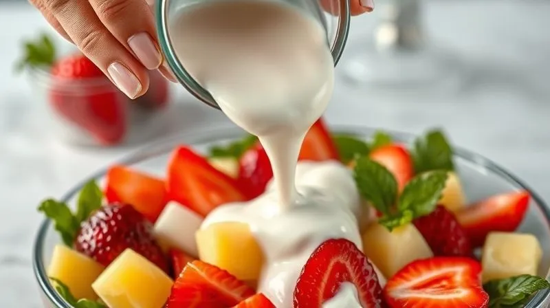 Photorealistic image of a hand pouring a thick, creamy, sugary strawberry yogurt dressing over a fresh fruit salad. The dressing is visibly heavy and opaque, contrasting with the vibrant, light fruits. Cinematic lighting, sharp focus on the pouring action, depth of field. 8K, shot on a high-end DSLR.