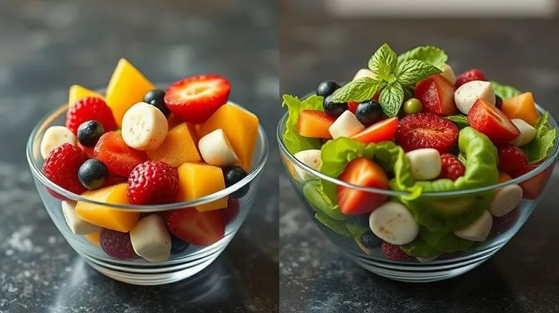 Photorealistic image of two fruit salads side-by-side: one is a perfectly portioned, modest serving in a small, elegant bowl, while the other is an overflowing, excessively large portion in a much larger bowl, visually emphasizing the concept of portion control. Cinematic lighting, sharp focus, depth of field. 8K, shot on a high-end DSLR.