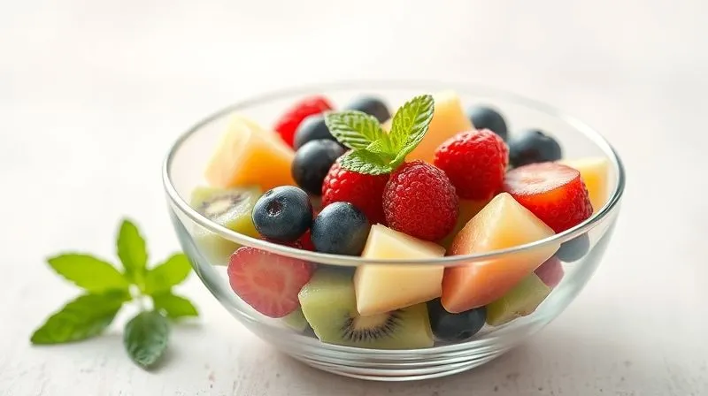 Photorealistic image of a perfectly composed, low-fat fruit salad in a small, elegant glass bowl. It features a colorful mix of berries, kiwi slices, and melon cubes, lightly drizzled with a clear lemon-mint dressing. The presentation is fresh, clean, and appealing, emphasizing natural beauty and healthy ingredients. Cinematic lighting, sharp focus, depth of field. 8K, shot on a high-end DSLR.
