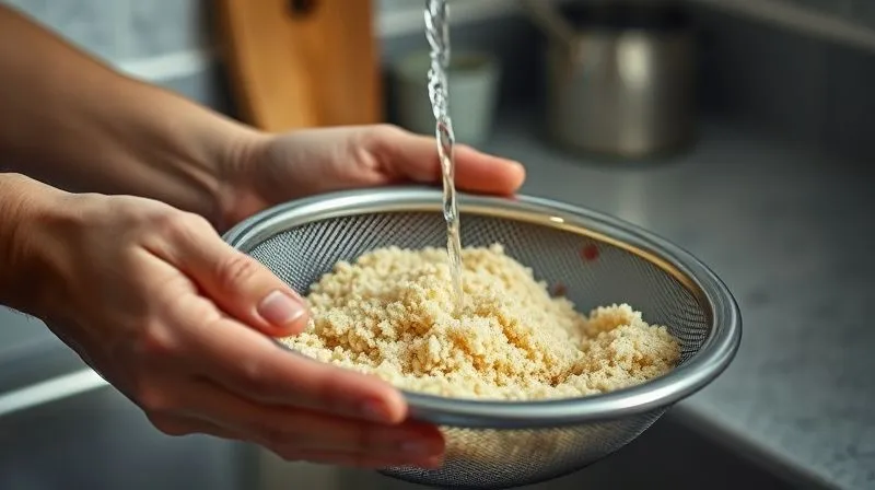 photorealistic, professional photography, 8K, cinematic lighting, sharp focus, depth of field, shot on a high-end DSLR. A close-up of hands gently rinsing bulgur in a fine-mesh sieve under running water, with a blurred background of a modern kitchen, clean and inviting atmosphere.