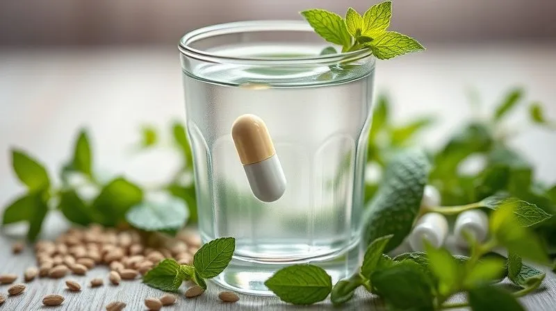 photorealistic, professional photography, 8K, cinematic lighting, sharp focus, depth of field, shot on a high-end DSLR. A glass of water with a probiotic capsule dissolving, surrounded by fresh herbs like mint and fennel seeds, symbolizing natural digestive support and gut health, with soft, diffuse lighting.