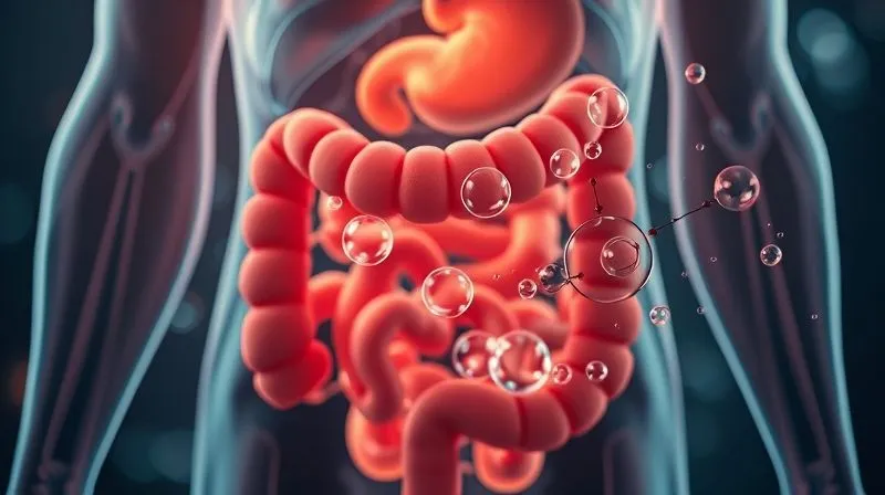 A photorealistic, professional photography shot of a human digestive system diagram, with specific focus on the large intestine showing gas bubbles and discomfort, overlaid with an abstract representation of complex carbohydrates. Soft, cinematic lighting, scientific yet approachable aesthetic. 8K, sharp focus on the intestinal area, depth of field, shot on a high-end DSLR.