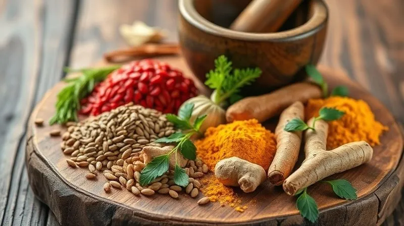 A photorealistic, professional photography shot of a vibrant assortment of fresh herbs and spices known for aiding digestion, such as cumin seeds, fennel, ginger root, and turmeric, artfully arranged on a rustic wooden board. Cinematic lighting, sharp focus on the textures, depth of field blurring a mortar and pestle in the background. 8K, shot on a high-end DSLR.