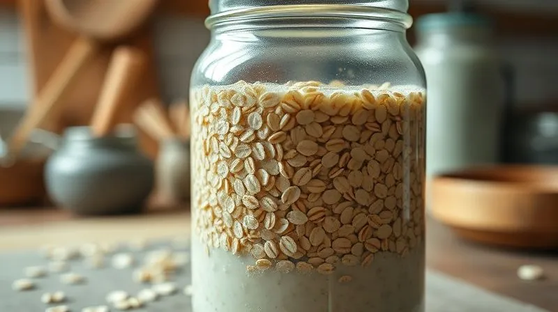photorealistic, professional photography, 8K, cinematic lighting, sharp focus, depth of field, shot on a high-end DSLR. A close-up of a glass jar filled with soaked oats and water, with small bubbles indicating fermentation, in a rustic kitchen setting. Soft, natural light.