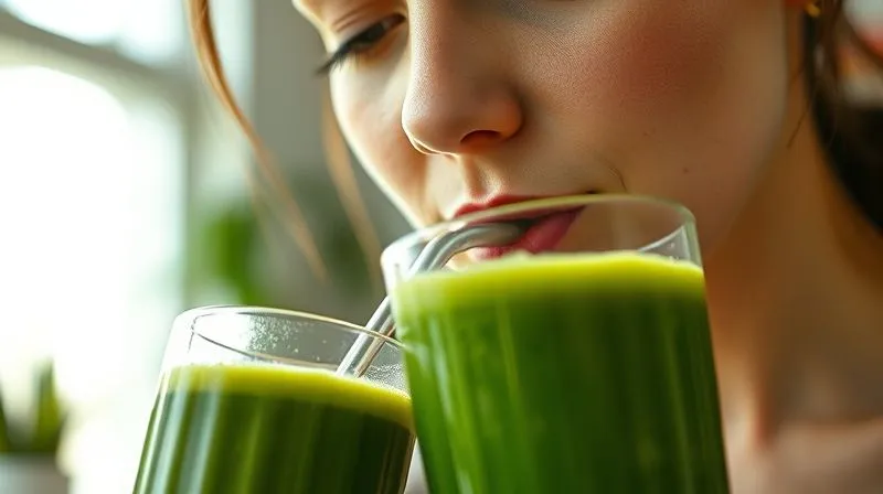 photorealistic, professional photography, 8K, cinematic lighting, sharp focus, depth of field, shot on a high-end DSLR. A person slowly sipping a green smoothie through a metal straw, with a calm and relaxed expression. The setting is bright and airy, possibly a cafe or a home kitchen with natural light.