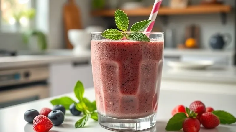 photorealistic, professional photography, 8K, cinematic lighting, sharp focus, depth of field, shot on a high-end DSLR. A close-up of a vibrant, healthy oat smoothie with fresh berries and mint, presented beautifully on a clean, modern kitchen counter. The focus is on the freshness and appeal of the smoothie, suggesting lightness and health.