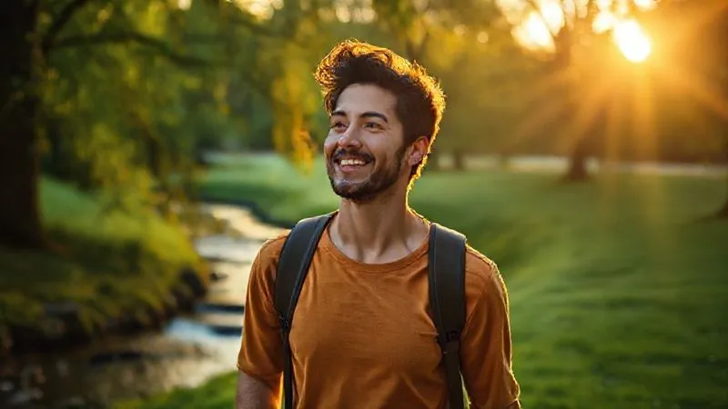 A photorealistic image of a person enjoying a brisk walk in a lush green park after a meal, looking refreshed and light. The sun is gently setting, casting warm, cinematic light. In the background, a subtle visual cue of a flowing stream or river, symbolizing hydration. Sharp focus on the person, depth of field blurring the background, 8K, shot on a high-end DSLR.