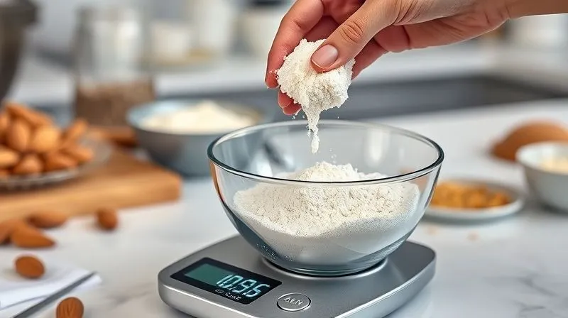 A close-up, photorealistic image of a digital kitchen scale showing a precise measurement of almond flour in a bowl, with a hand carefully adding more flour. The background is a clean, modern kitchen counter with other baking ingredients subtly blurred. Professional photography, 8K, cinematic lighting, sharp focus, depth of field.