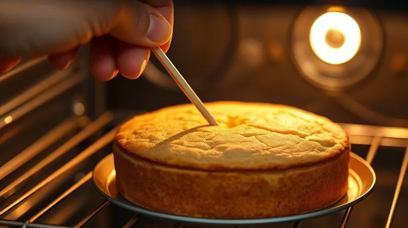A photorealistic, professional photography shot of a hand carefully inserting a wooden skewer into a golden-brown, perfectly risen gluten-free almond flour cake still in the oven, with the oven light illuminating the scene. The cake has a slightly cracked top, indicating proper texture. 8K, cinematic lighting, sharp focus on the skewer and cake, depth of field blurring the oven interior.